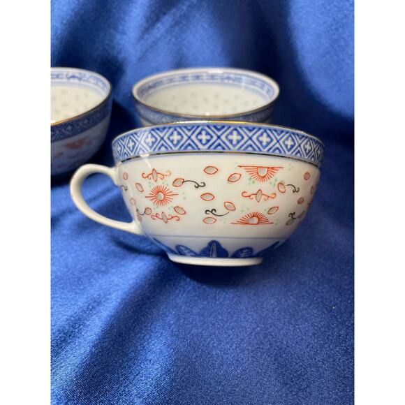 Set of 3 Chinese Grain of Rice Porcelain Tea Cup and Saucer - Picture 6 of 9